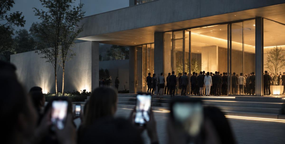 Estande de vendas de incorporadora à noite em dia de lançamento, com fila na entrada e celulares acesos, representando o pico de leads que a equipe precisa atender.