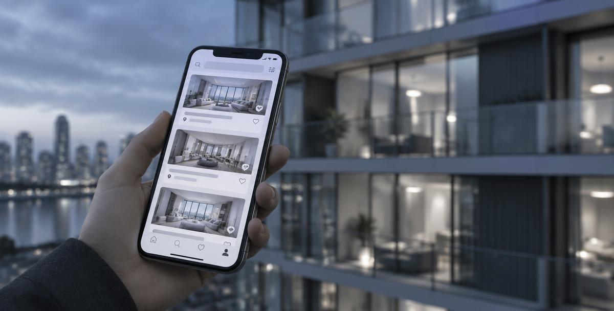 Celular com lista de anúncios de apartamentos em portal imobiliário e fachada de empreendimento residencial ao fundo