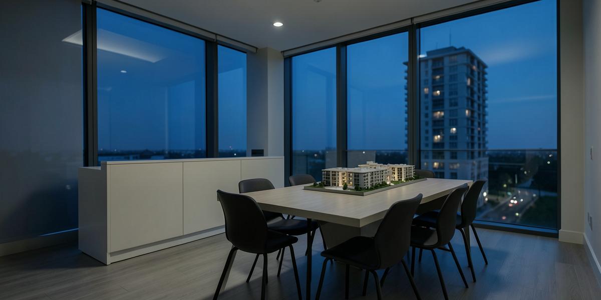 Plantão de vendas de incorporadora vazio ao entardecer, com maquete do empreendimento sobre a mesa e edifício residencial ao fundo