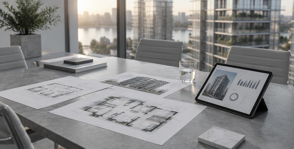 Mesa de reunião comercial com plantas de empreendimento e painel em tablet, representando a gestão de corretores e imobiliárias parceiras de uma incorporadora.